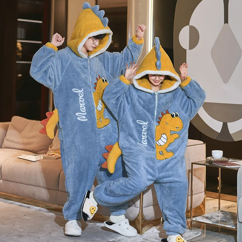 Kigurumis Dinosaur Onesie Couples Sleepwear Women Men One-Pieces Cartoon Winter Thicken  Homewear Pajamas  Lovers Unisex Pyjama