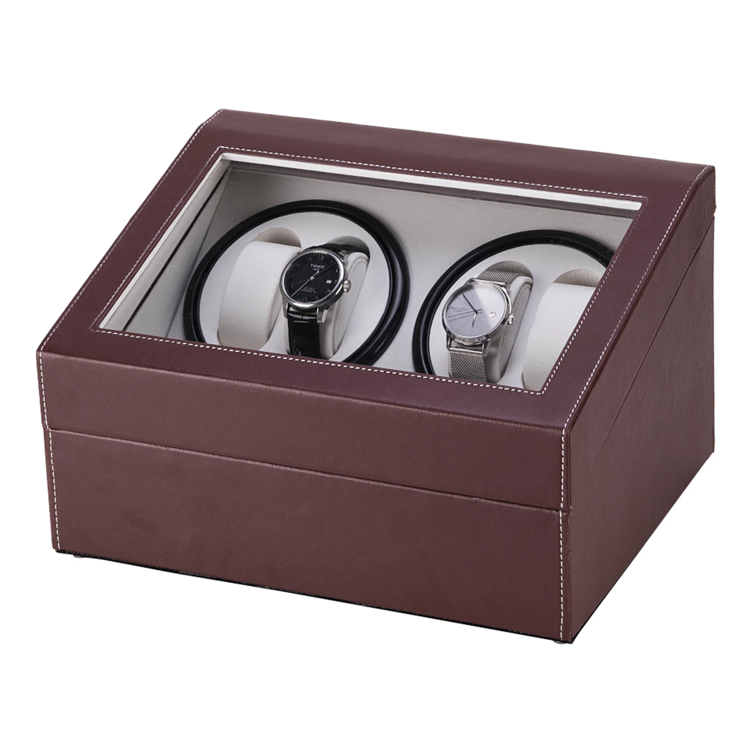 

Brown Leather Watch Winder Storage Auto Display Case Box 4 6 Automatic Rotation