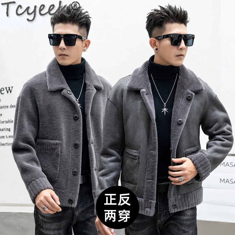 Tcyeek Winter Sheep Shearling Coat Men's Clothing Short Slim Fit Real Fur Coat Fashion Lamb Wool Coats Male Two Ways Wear Casual