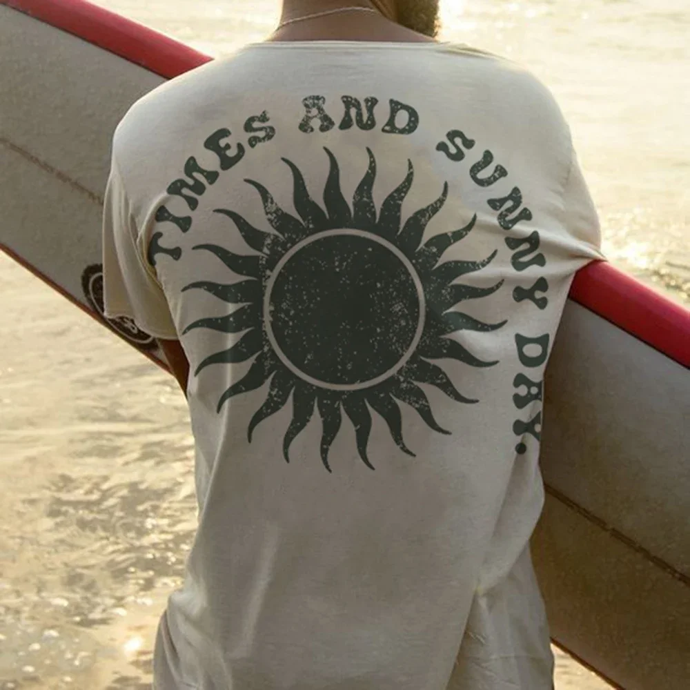 

American Style High Street Fashionable T-Shirt For Men Sun Pattern Print Holiday Loose Casual Tops 2024 Spring And Summer