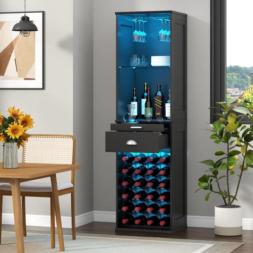 Kabinet Bar Anggur dengan Lampu LED, Bar Kopi Tinggi 65 '' dengan 24 Rak Anggur & Tempat Kaca, Kabinet Minuman Keras Berdiri Bebas dengan Baki
