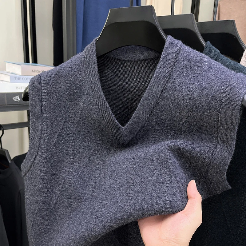 2025 الراقية شتاء جديد منتصف العمر الرجال الخامس الرقبة تانك القمم محبوك مع المخملية سميكة الدافئة سترة الكتف #3