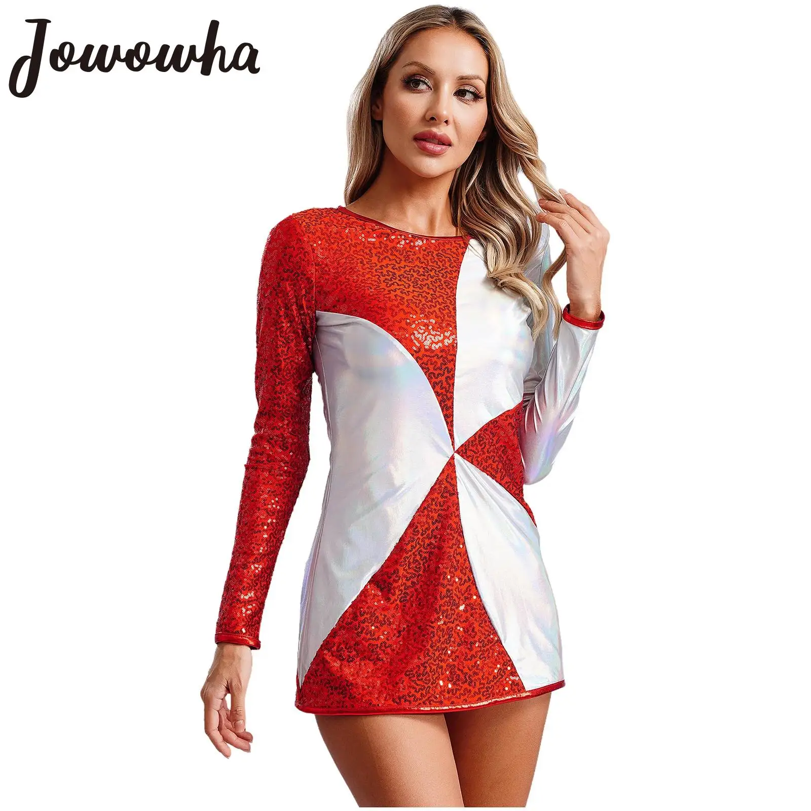 Women Christmas Dress Long Sleeve Color Block Shiny Metallic Sequins Babydoll Dresses Holiday New Year Xmas Theme Party Costume