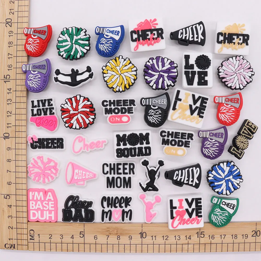 Mix 50PCS PVC Shoe Charms Live Love Cheer Mode On Cheerleader Speaker Dad Mom Sandals Shoes Decoration Accessories For Clogs Pin
