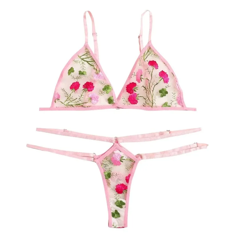 เซ็กซี่สามจุดชุดผู้หญิงชุดนอนดอกไม้เย็บปักถักร้อยจีสตริงบราเลตต์ชุดชั้นในไร้รอยต่อเชียร์ เลนเซอรีเอเสื้อผ้าเร้าอารมณ์