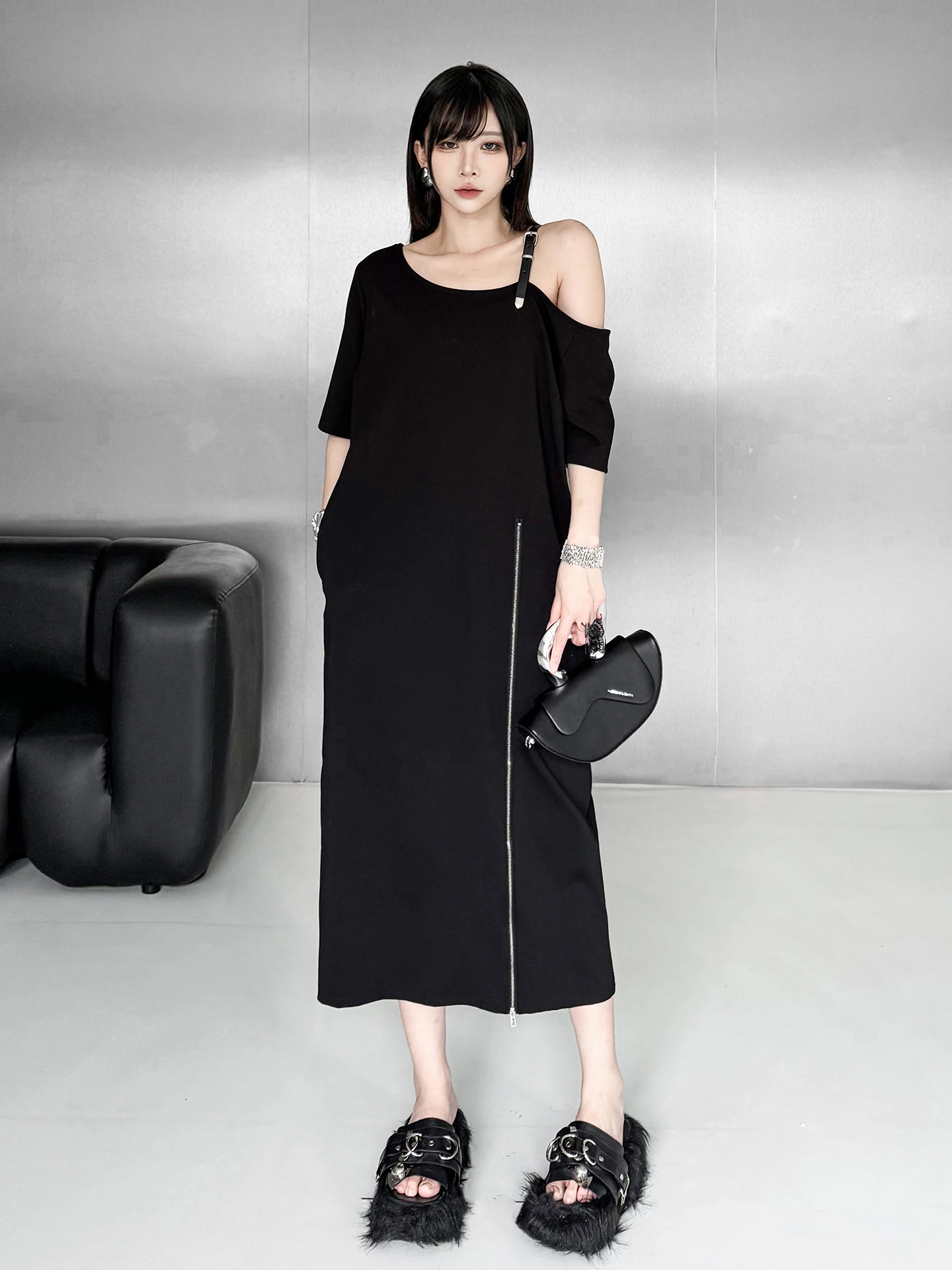 

Asymmetric Black Dress Women's Mid-Length Slimming Skirt Spring Summer Elegant Style Cotton Blend Fabric Regular Sleeve