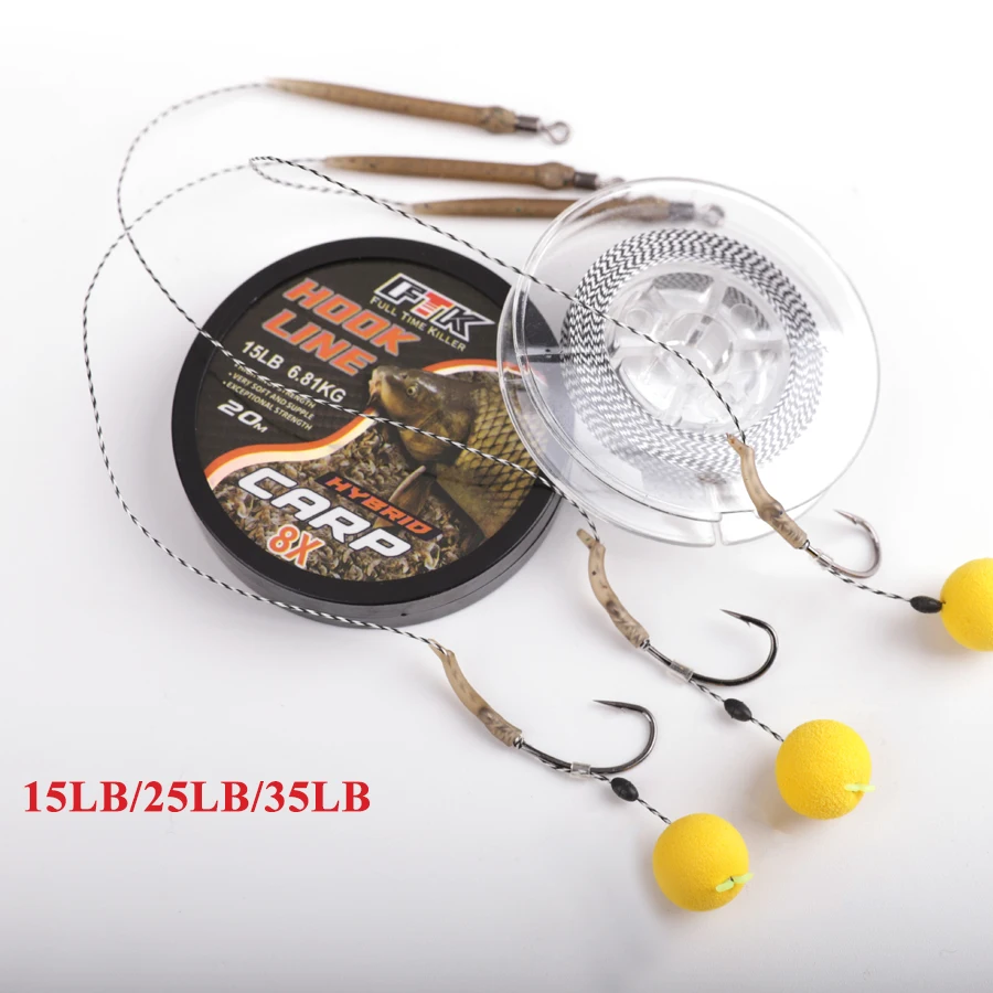 FTK 20m Carp Fishing Line Soft Hook Link 15/25/35LB Carp Hooklink Uncoated Braid Line for Hair Rig Carp Coarse Fishing Tackle