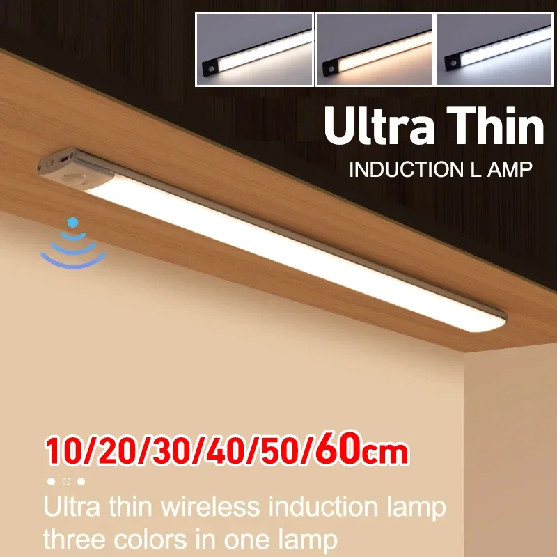 10-60cm Motion Sensor Under Cabinet Lights Wireless LED Night Light USB Rechargeable Ultra Thin Indoor Closet Kitchen Lighting