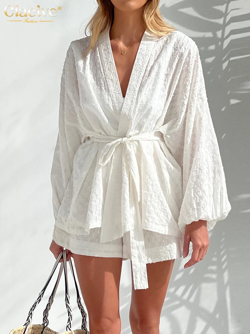 Clacive Fashion Long Sleeve Robes Top Two Piece Sets Womens Outifits Autumn Casual White Home Suit Elegant Shorts Women'S Sets