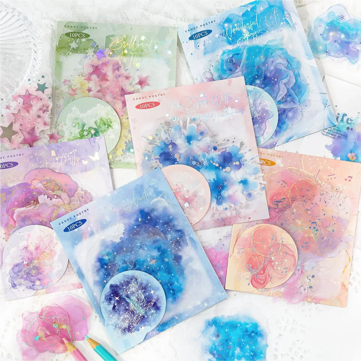 10 Pcs Colorful Series Decorative Sticker Watercolor Foil Stamping Collage Scrapbooking Label Diy Diary Journal Planner