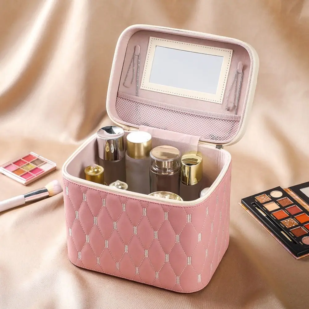 

Portable PU Leather Cosmetic Bag Waterproof Anti-crush Cosmetic Storage Box Large Capacity with Mirror Makeup Bag Makeup Artist