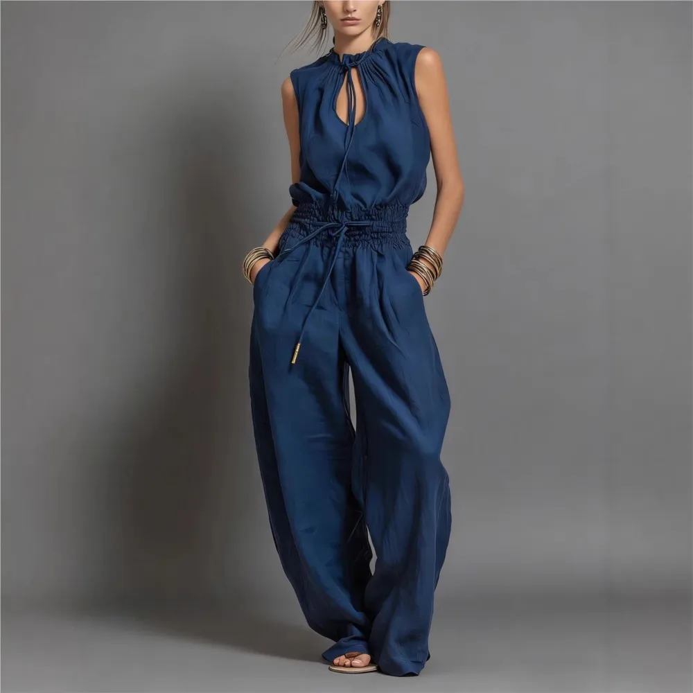 Conjunto de 2 piezas de pantalones anchos de encaje hueco para mujer, novedad de verano, mono de color liso sin mangas con cintura con cordones, Vestidos