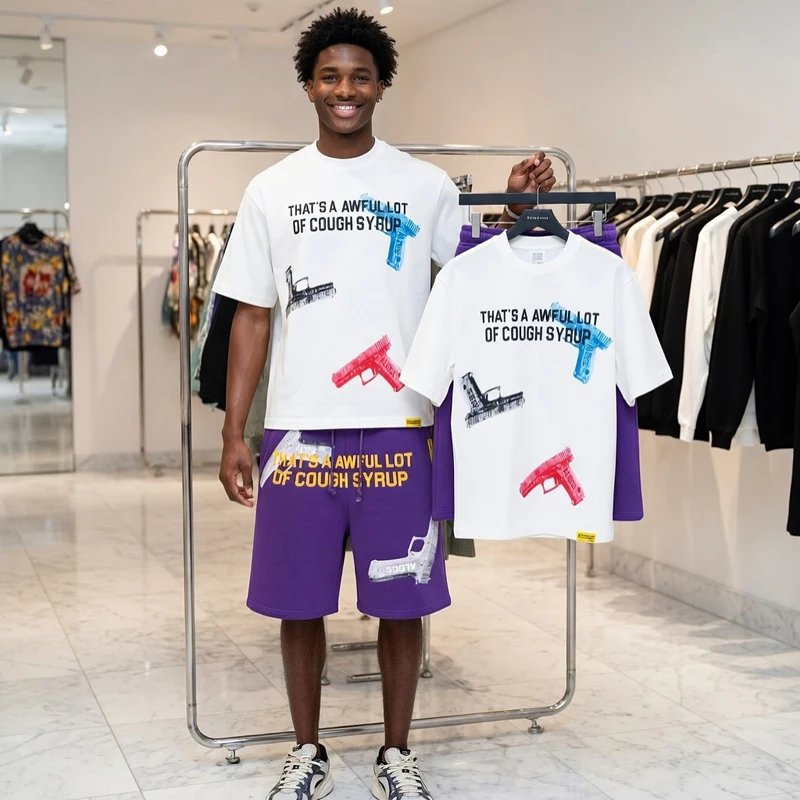 

That'S A Awful Lot of Cough Syrup Men 2026 Oversized 2 Piece Short Set Graphic Tee Shorts Streetwear Hip Hop Casual Outfit Black