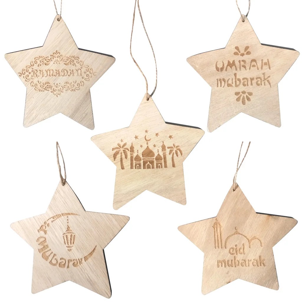 Ramadan Wooden Craft Pendant Gurban Festival Five Pointed Star Carving EID Mubarak Home Decoration Wooden Ornament Supply