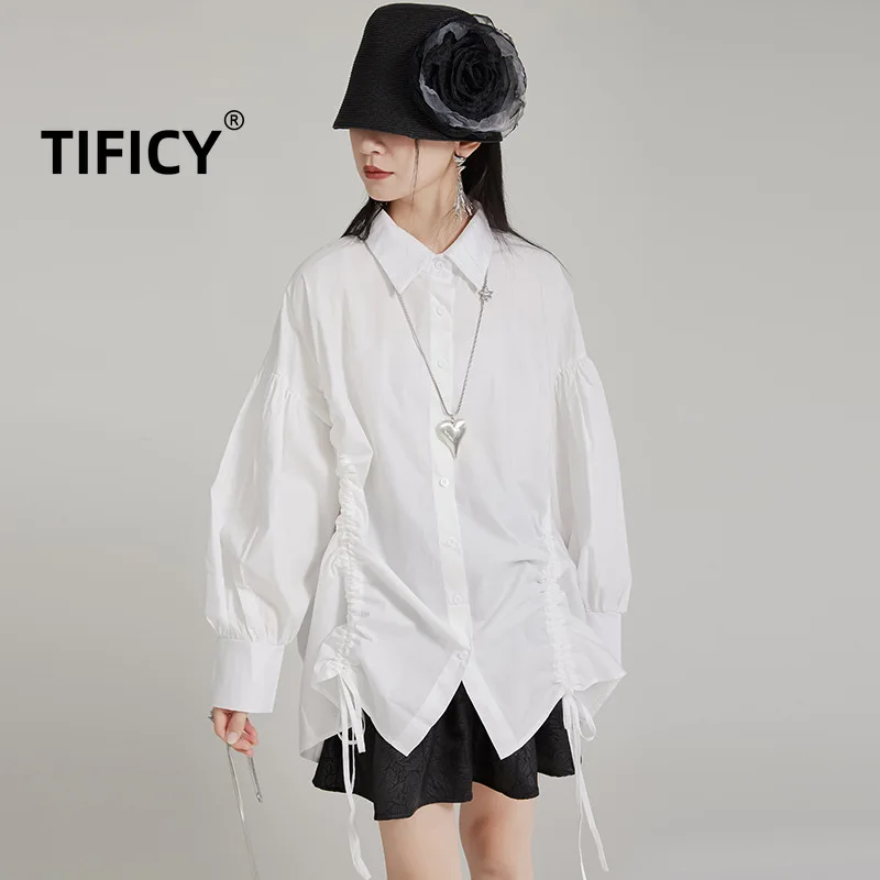 TIFICY Design Women's A Two-piece Drawstring Lantern Puffer Collar Mid Length Shirt Korean Loose Fitting Streetwear Shirt Tops