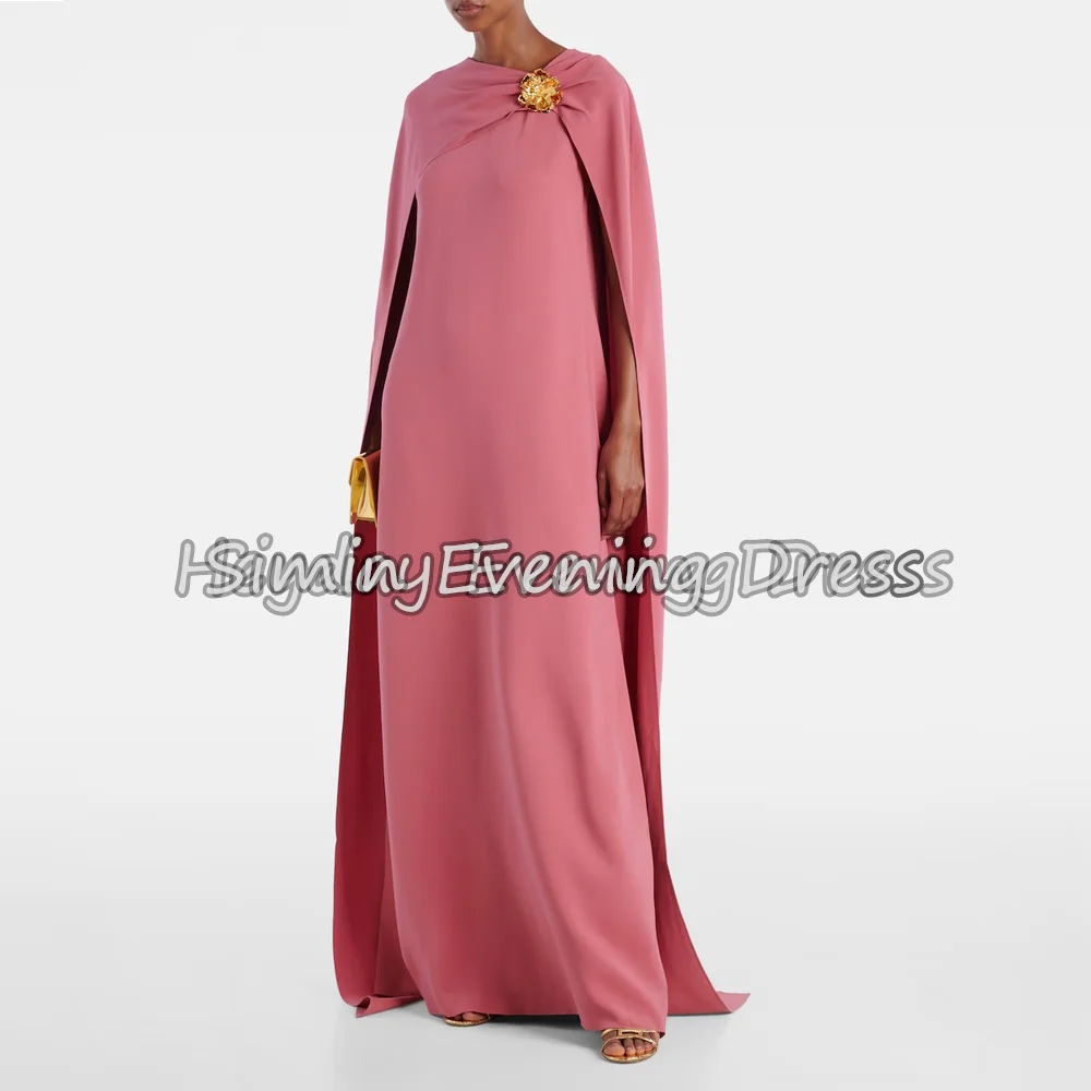 

Simin Crepe O-neck A-line Pleats Floor Length Simple Saudi Evening Dresses For Women 2025 With Long Sleeves Arab Party Dress