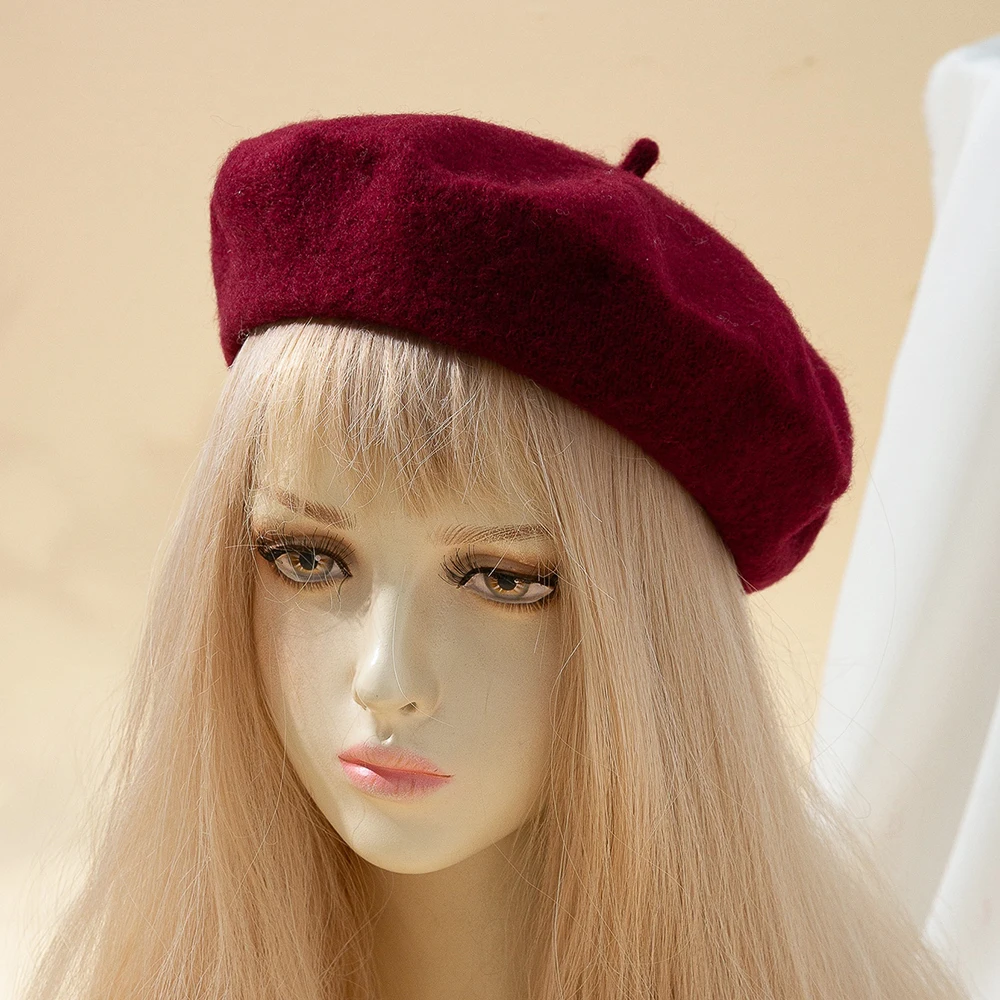 Beret Women\'s Fashion Retro Casual Wool Beret Artist Hat Wool Versatile Knitted Round Top Bud Hat Warm Hat