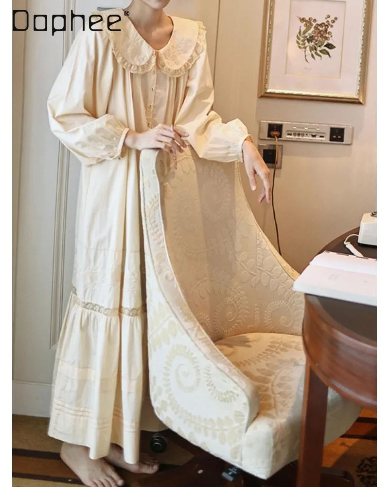 Soft and Retro French-style Princess-style Nightgown with Ruffled Lace Collar Frilly Balloon Sleeves Loose-fitting Women Home