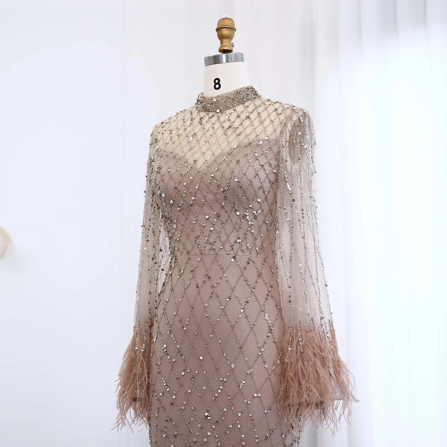 Sharon Said Luxury Beaded Feathers Sage Green Evening Dress Long Sleeves Elegant High Neck Nude for Women Wedding SS144 Custom