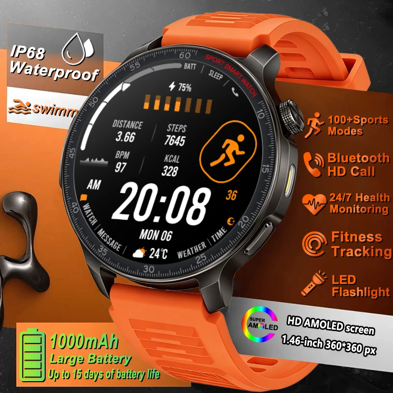New New 1000mAh Battery Smart Watch 5ATM Waterproof Health Heart Rate Sleep Sports Run Fitness Tracker Flashlight HD Call Smartwatch - Aliexpress Deal