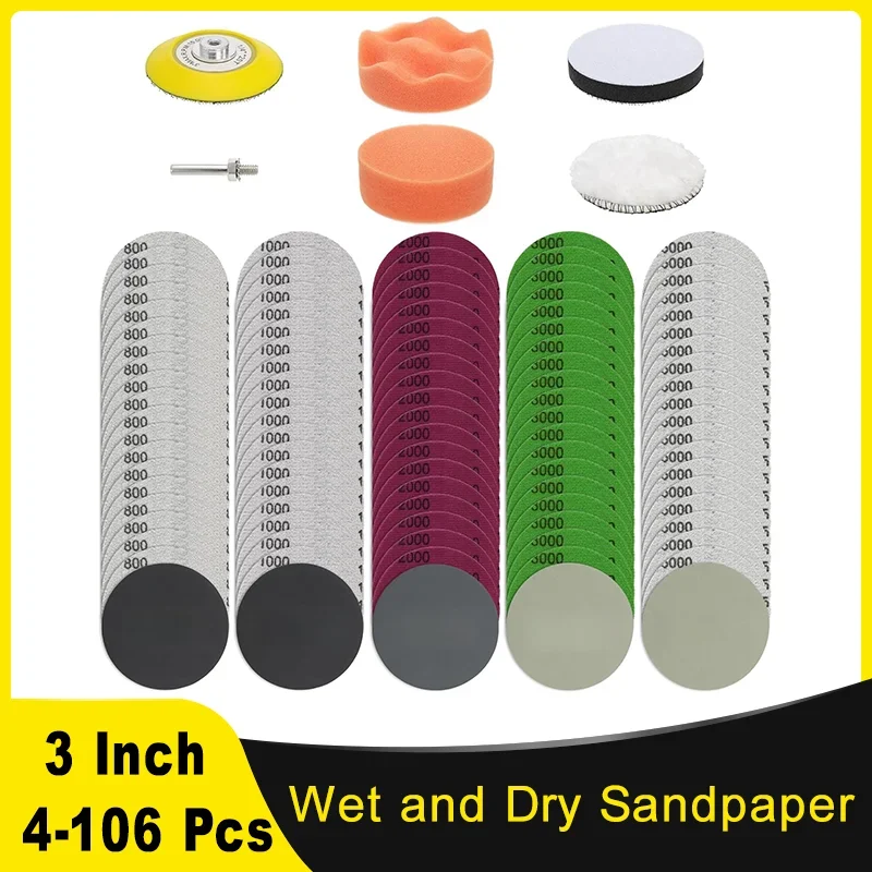 3 Inch Sanding Discs Wet Dry Sandpaper 4-106Pcs Headlight Restoration Kit 800-5000 Grit Silicon Carbide Hook Loop for Car Wood