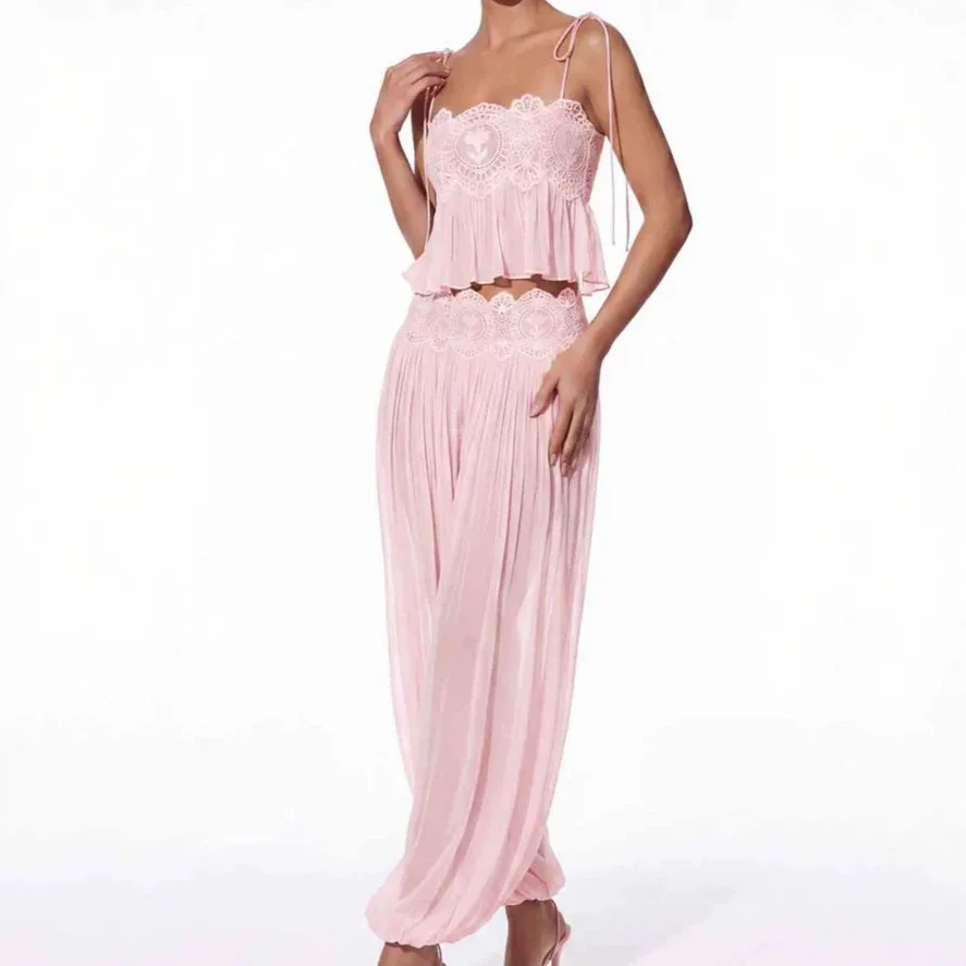 Women Long Pant Set Square Neck Sheer Ruffle Hem Crop Cami Top High Waist Wide Leg Trousers Elegant Lace