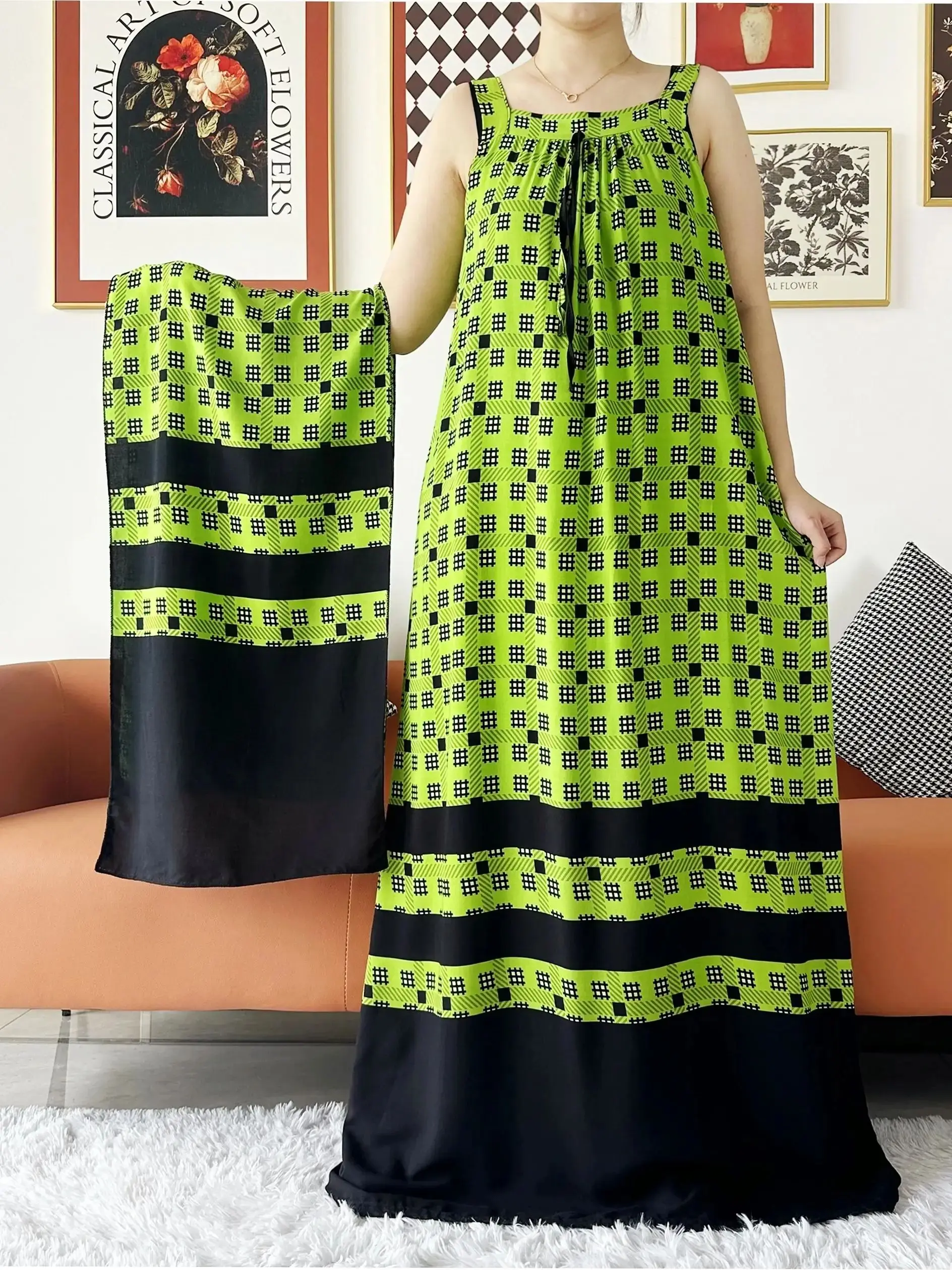 2024 New Women Cotton Summer Sleeveless Dress With Scarfs Under Dress African Dashiki Maxi Lady Robe Loose Kaftan Vestidos