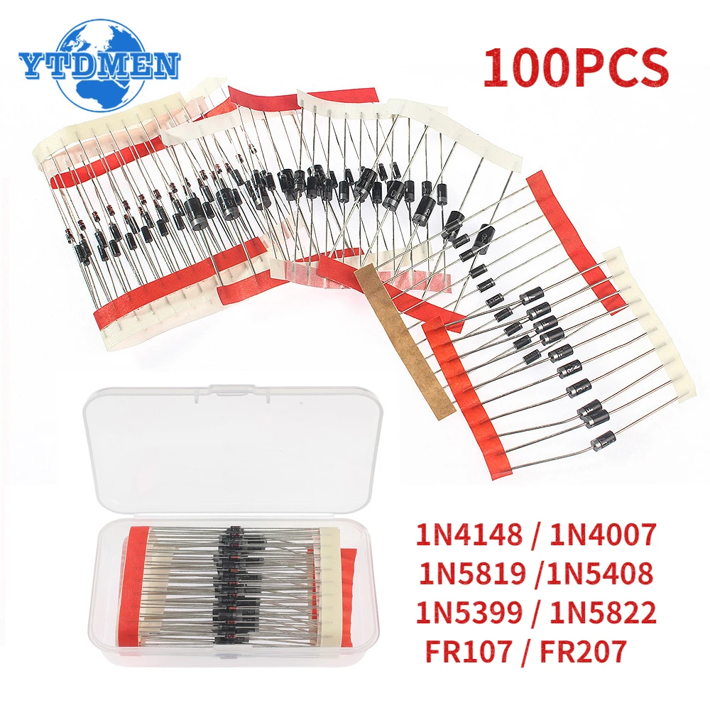 100PCS Rectifier Diodes Schottky Diode Kit 1N4007 1N4148 1N5819 1N5399 1N5408 1N5822 FR107 FR207 8Value Fast Switching