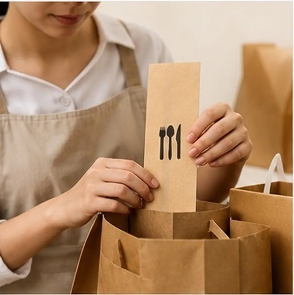300Pcs Resistant Brown Kraft Paper Cutlery Bags Holder For Party Catering Party Laminated Oil Disposable
