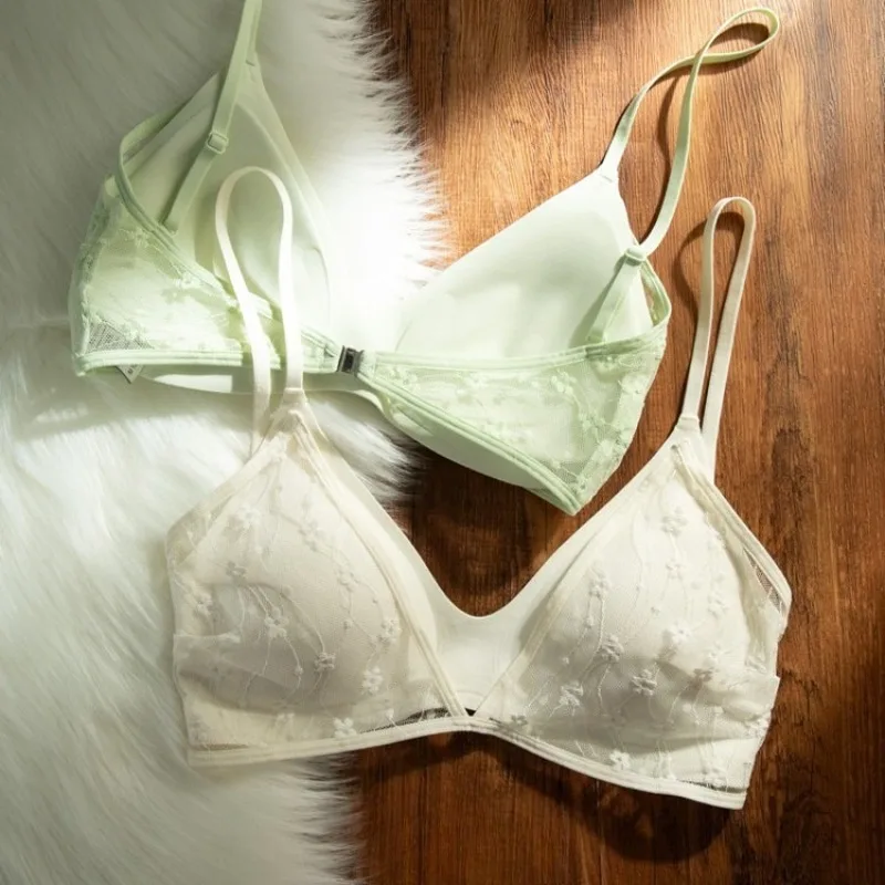 Women Embroidery Floral Mesh Lace Wireless Bra Thin Cup Triangle Bralette Adjustable Straps Soft Comfort Daily Lingerie