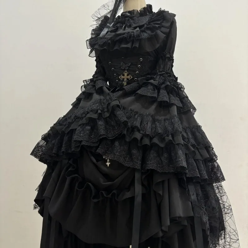 2026 New Japanese Korean Gothic Sleeves High Waist Shirt Slim Fit Pleated Long Skirt Women Lace Bow Lolita Y2k Skirt 3 Piece Set image 2