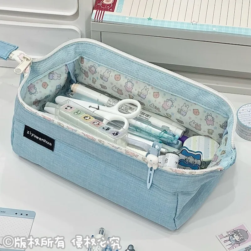 Kawaii Miffy Large Capacity Blue Tray Pencil Case Cartoon Rabbit Stationery Pouch Pen Organizer Student School Writing Supplies view 2