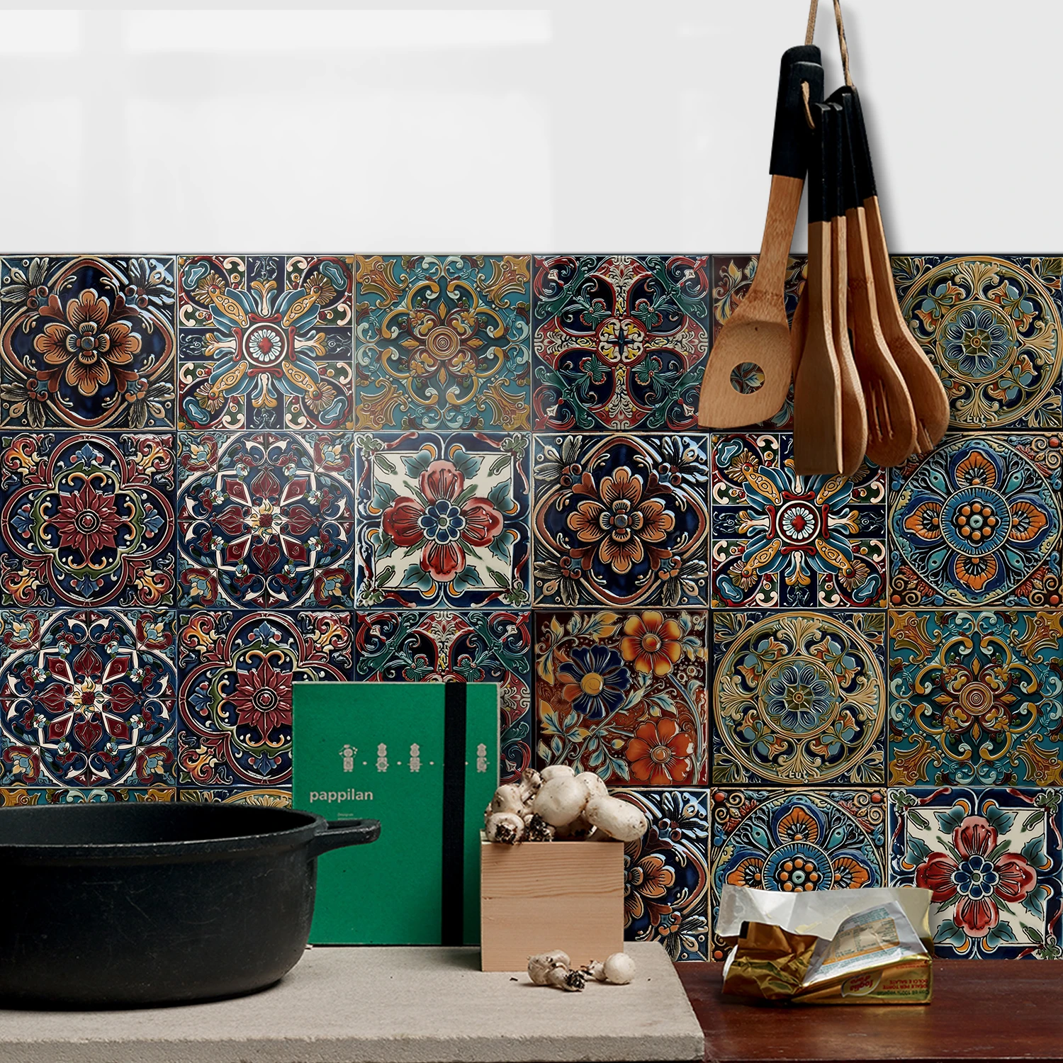 Conjunto de adesivos de parede de azulejo floral vintage – decalques de arte étnica retrô coloridos para cozinha, sala de estar, decoração de casa
