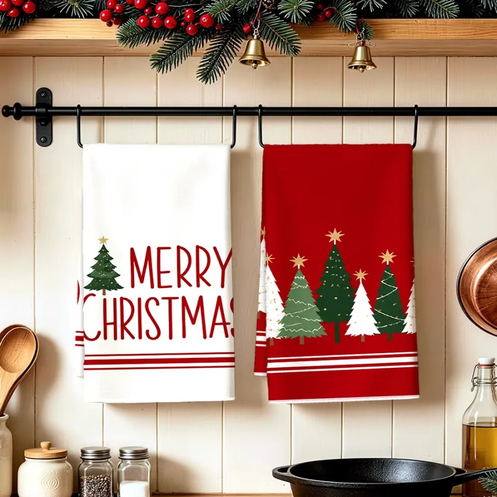 2PCS Star Christmas Tree Pattern Merry Christmas Kitchen Towel Fade-resistant Water-absorbent Dish Washing Cloth Rectangular