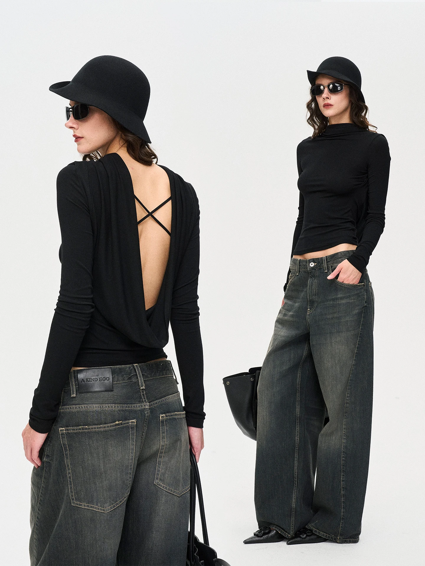 Elegant Long Sleeve Backless Slim Fit T-Shirt Autumn New Style a KIND EGO Flowing Cloud Draping Hemline Base Shirt for Women