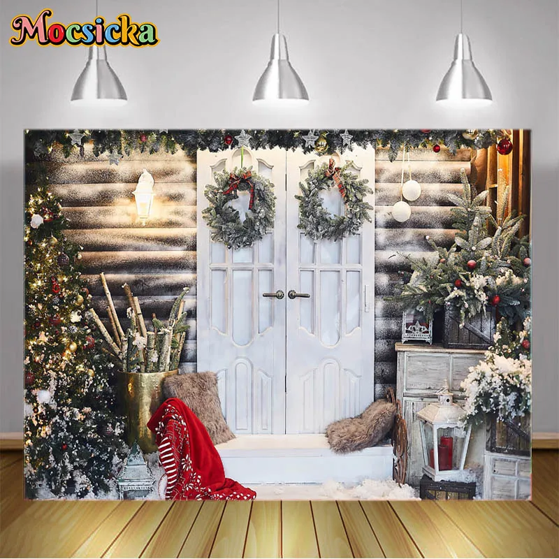 Christmas Photography Backdrops White Wooden Doors Xmas Trees Garlands Decorate Your Garden Children Portrait Photo Backgrounds