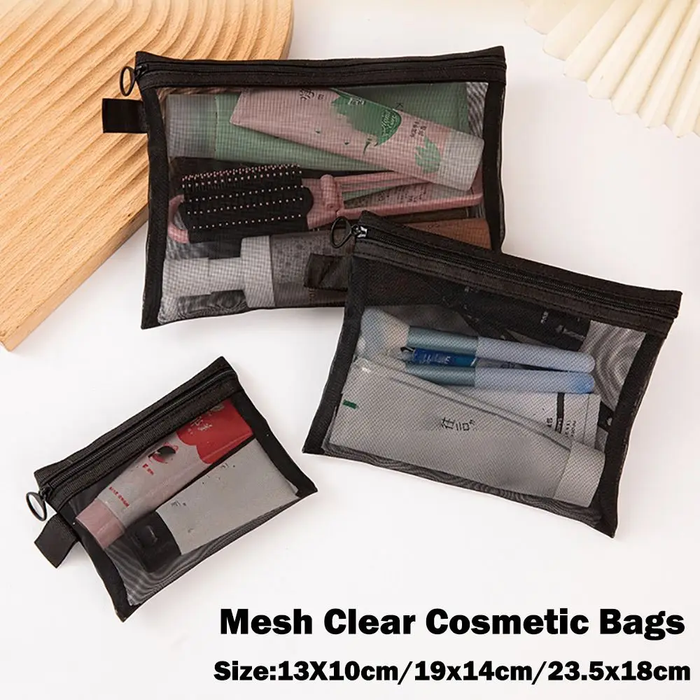 Transparent Black Mesh Makeup Case Organizer Storage Pouch Casual Zipper Toiletry Wash Bags Make Up Women Travel Cosmetic Bag