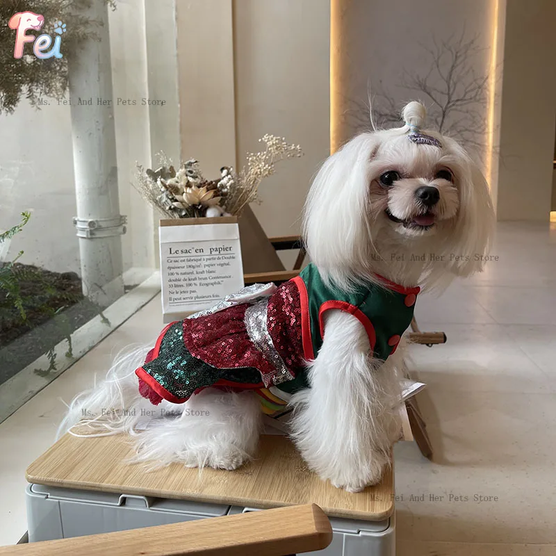 

Colorful Sparkling Christmas Dog Princess Skirt High-Quality Party Costume Merry Christmas Print Cosplay Clothes for Dogs