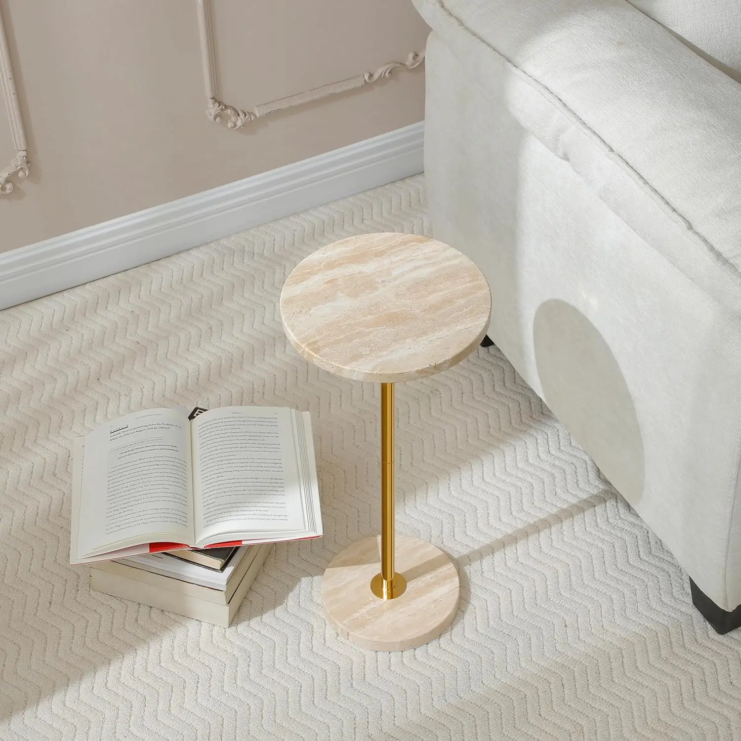 Round Drink Table, Stone Finish Top Pedestal End Table for Living Room, Weighted Base Accent Table, Small Side Table, Full Assem