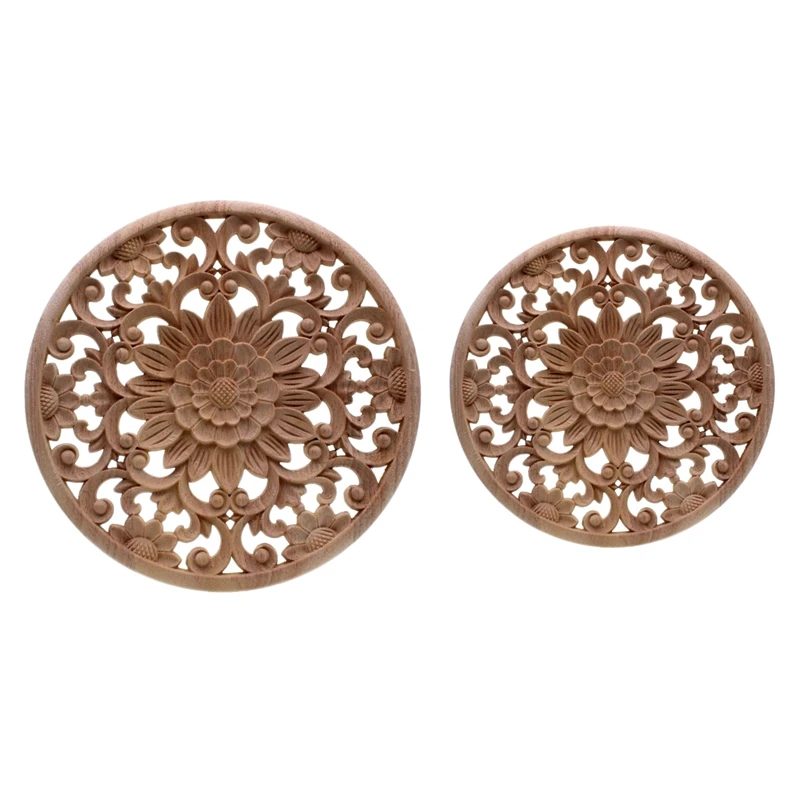 Hot kf-2Pcs Carved Flower Carving Round Wood Appliques for Furniture Cabinet Unpainted Wooden Mouldings Decal Decorative Figurin