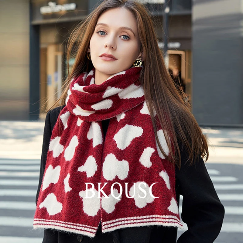 Women Christmas Gift Spotted Scarf for Girls New in Winter Warm Knitted Wool Scarves Female All-match Thickened Cute Red Scarf