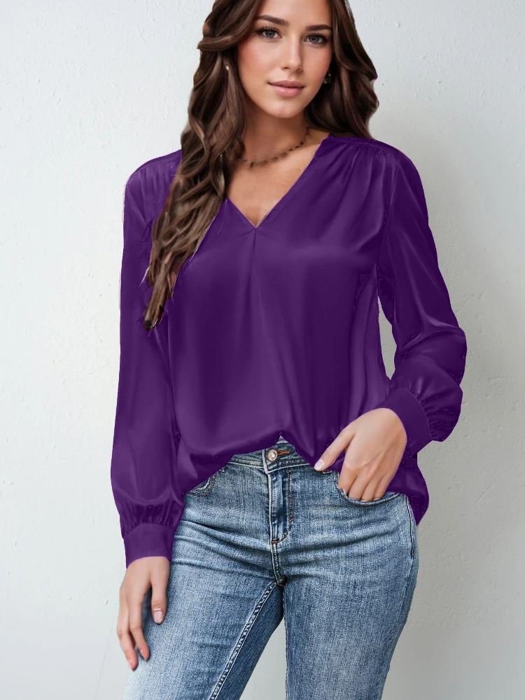 

Nighpha Satin Long Sleeve Blouse Women V-neck Casual Loose Shirts Office Lady Solid Color Simple Tops Spring Summer Autumn