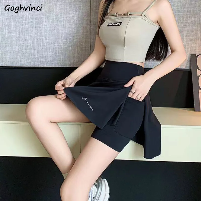 Women Shorts Fake Two Pieces Sporty Quick Dry Solid All-match Summer Thin High-waist Trousers Tender Pockets Designed Streetwear