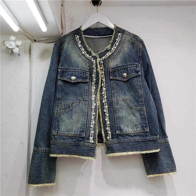 Spring Fall New Women Frayed Burrs Round Collar Pearl Beaded Denim Cardigan Jacket Vintage Washed Blue Slim Short Cowboy Outwear