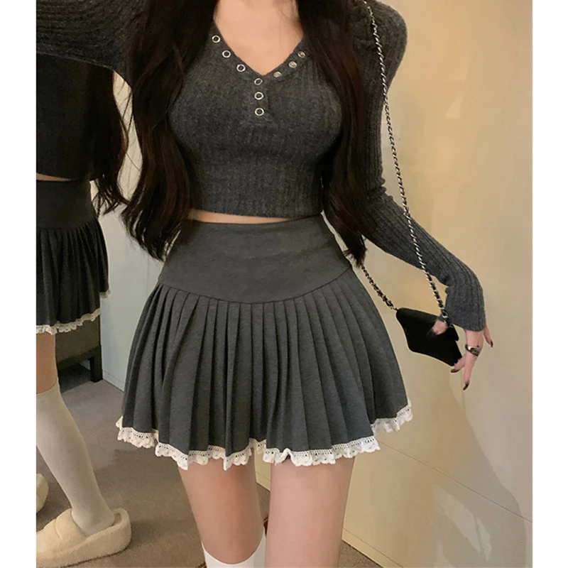 

Harajuku шерстяная мини-юбка женская уличная кружевная лоскутная черная плиссированная юбка зимняя мода корейская высокая талия трапециевидной формы Faldas