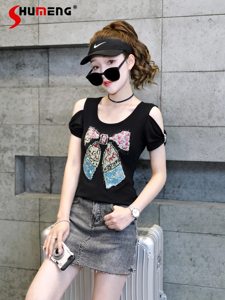 

2024 Summer New Fashion Diamond Off-the-Shoulder T-shirts Women's Tops Short Sleeve Slim-Fitting Clothes Feminine Bow T-Shirts