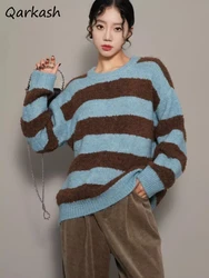 Striped Sweaters Women New Autumn Winter Gentle Retro Loose Long Sleeve O-neck Tops Pullovers Knitwear Casual Korean Fashion