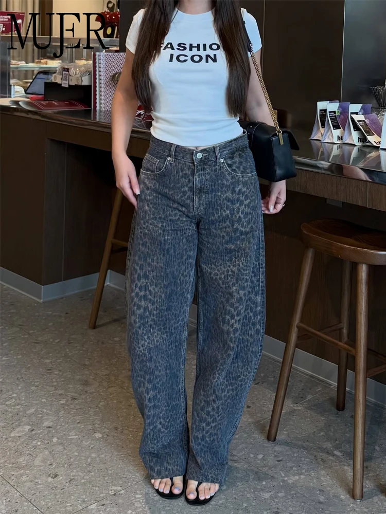 MUJER Leopard Print Jeans for Women Mid Waist Denim Jeans Pants Woman Autumn Straight Women's Jeans Streetwear Mom Jeans Woman