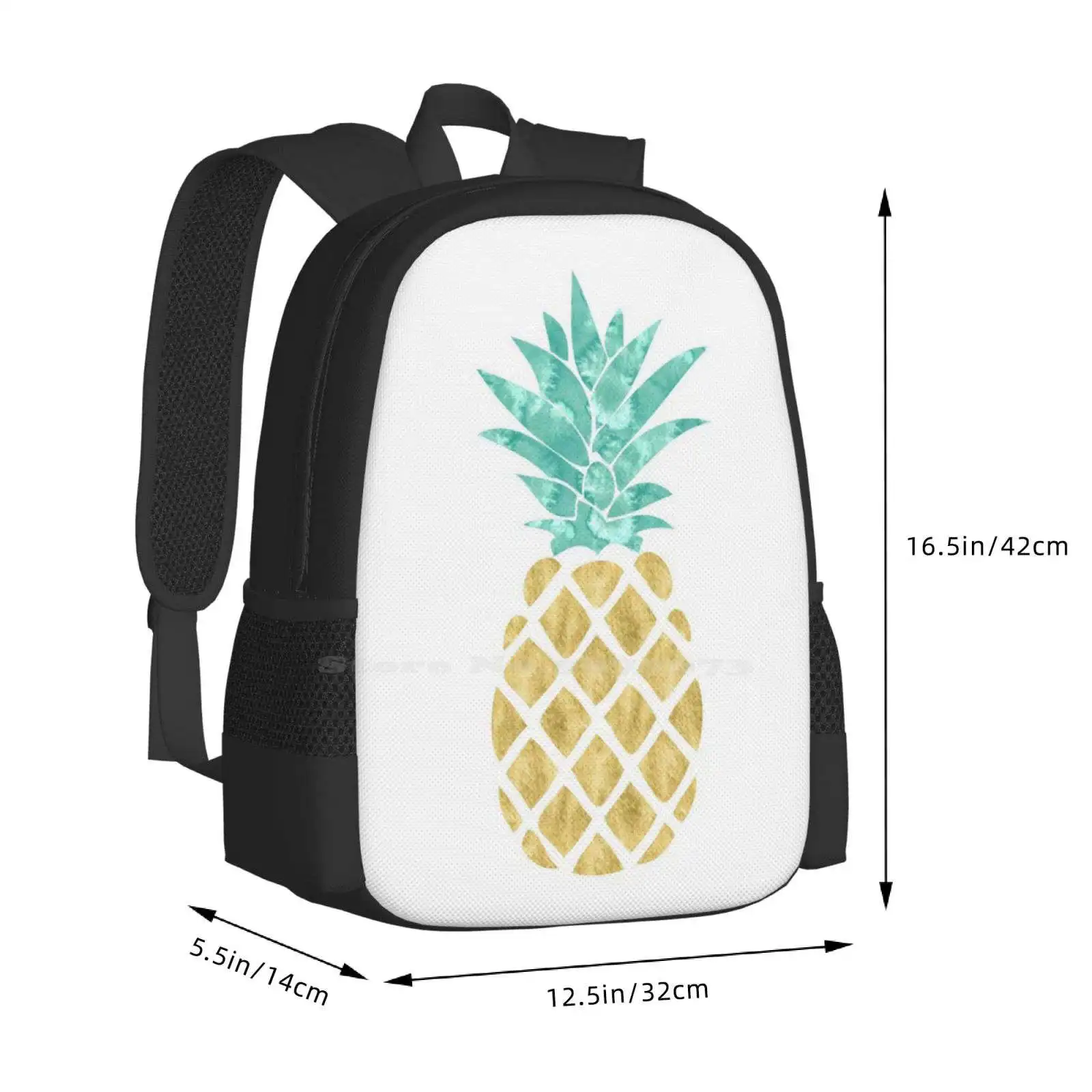 Mochila dorada para estudiantes universitarios, bolsa de diseño con patrón de piña, fruta, playa Tropical, Hawaii, acuarela dorada, verde azulado, Aqua