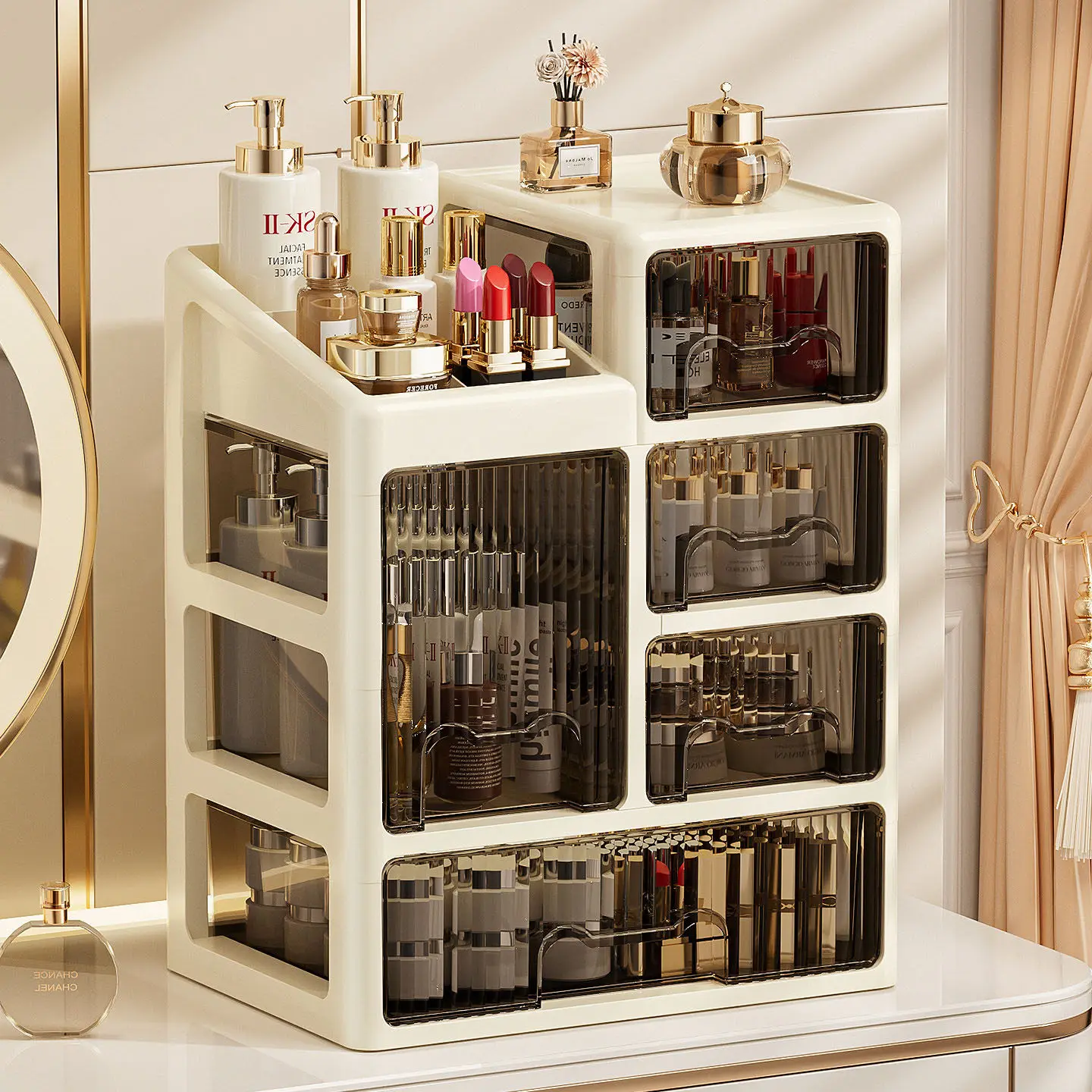Popular Large Dustproof Drawer Cosmetic Storage Box No Assembly Desktop Vanity Lipstick Skincare Makeup Sort Mini Display Rack